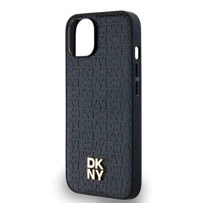 6. DKNY Leather Monogram Pattern Metal Logo MagSafe Case for iPhone 15/14/13 - Black