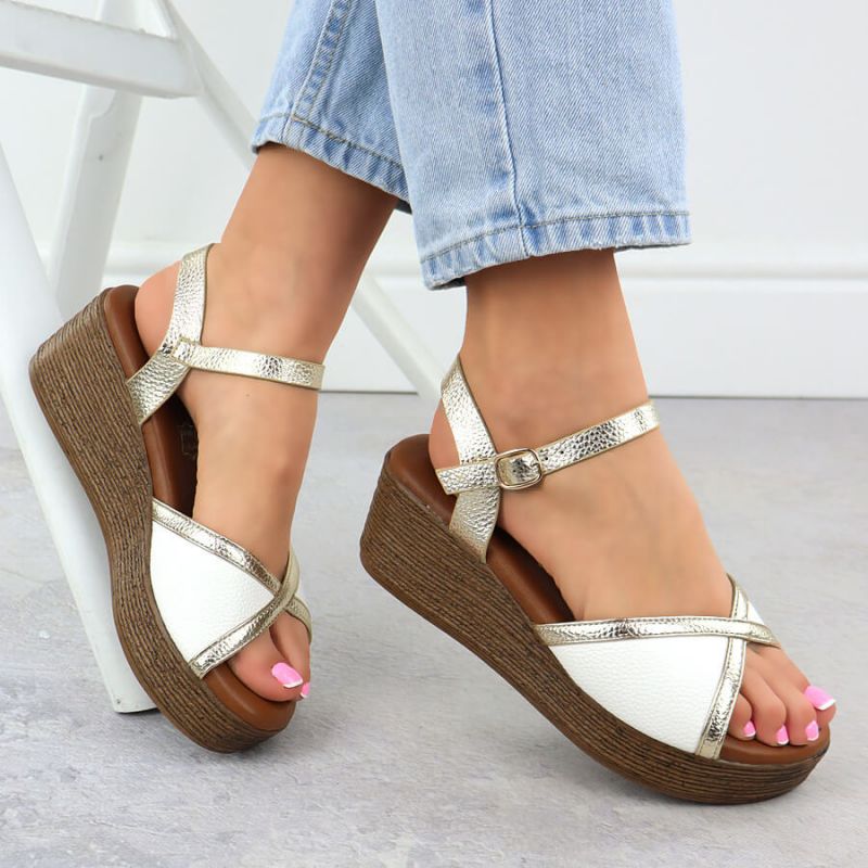 5. Women's wedge sandals in white and gold S.Barski PL51-324