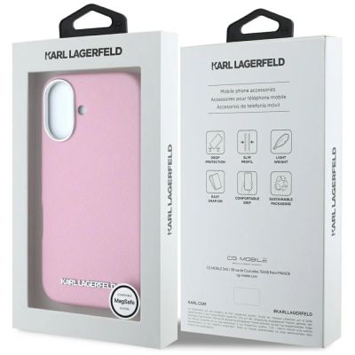 8. Karl Lagerfeld Saffiano Full Wrapped Elongated Metal Logo MagSafe iPhone 16 Case - Pink