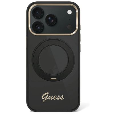 Guess IML Ring Stand 360 Script Metal Logo MagSafe Case for iPhone 17 Pro / 18 Pro - Black