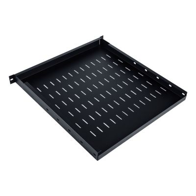 19" adjustable shelf, 1U, depth 500-900 mm, load capacity 100 kg, 4-point mounting, black, screws included.