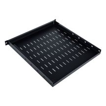19" adjustable shelf, 1U, depth 500-900 mm, load capacity 100 kg, 4-point mounting, black, screws included.