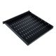 19" adjustable shelf, 1U, depth 500-900 mm, load capacity 100 kg, 4-point mounting, black, screws included.