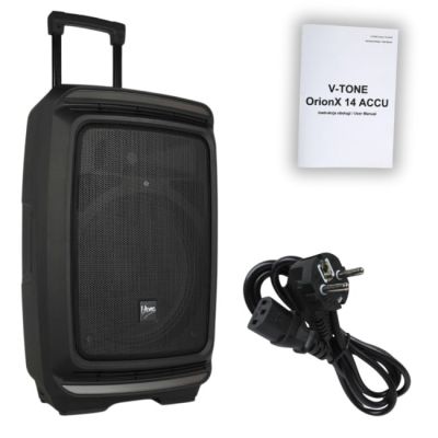 34. V-TONE OrionX 14 ACCU - Active speaker, black, rechargeable, Bluetooth, TWS, USB, AUX, FM, DSP, extendable handle, transport wheels, 135W RMS