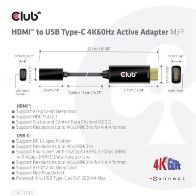 4. CLUB 3D CAC-1333 Cable Adapter 0.22m HDMI Type-A (Standard) USB Type-C Black