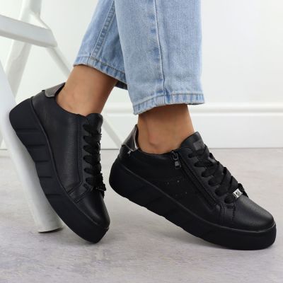 5. Rieker W2605-02 women's leather platform shoes in black