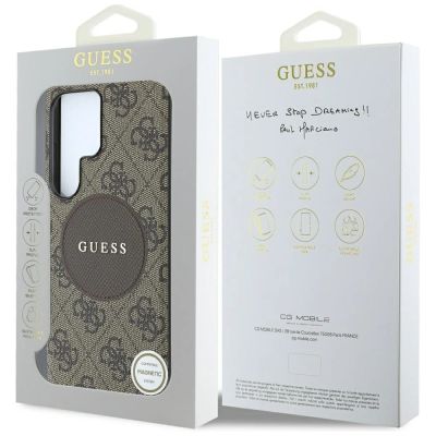 8. Guess 4G Round Patch Classic Logo MagSafe Case for Samsung Galaxy S25 Ultra Brown