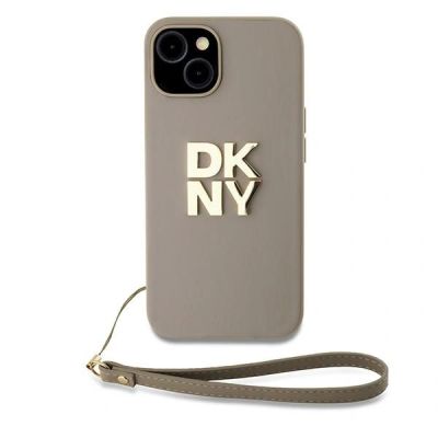 8. DKNY Wrist Strap Stock Logo case for iPhone 15 Plus - beige