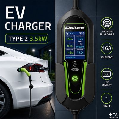 3. Qoltec Charger for electric cars EV and hybrids with 2-in-1 regulation Type2 | 3.5kW | 230V | SCHUKO 16A | Wi-Fi | Tuya | Smart life | LCD | 5m