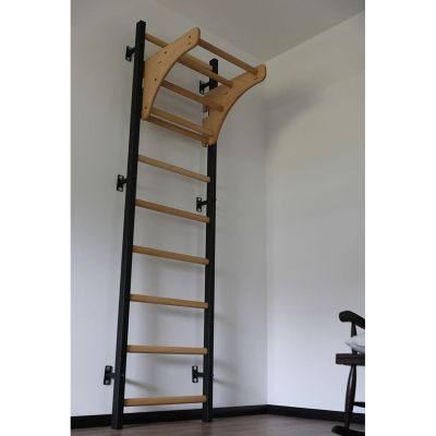 17. WOODEN AND METAL GYMNASTIC WALL BAR WITH WOODEN BAR BENCHK 711W