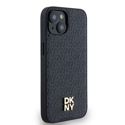 4. DKNY Leather Monogram Pattern Metal Logo MagSafe Case for iPhone 15/14/13 - Black