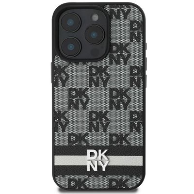 3. DKNY Checkered Pattern & Printed Stripes Case for iPhone 16 Pro Max - Black