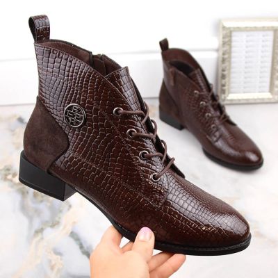 16. Filippo W PAW478B brown patent leather ankle boots with insulated crocodile skin