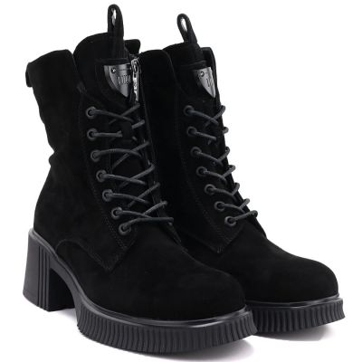 9. Women's leather ankle boots with a block heel and platform, black Vinceza 67009
