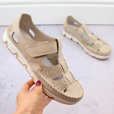 17. Rieker W RKR651 beige leather velcro openwork shoes