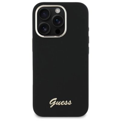 3. Guess Silicone Script Metal Logo & Frame Case for iPhone 16 Pro - Black