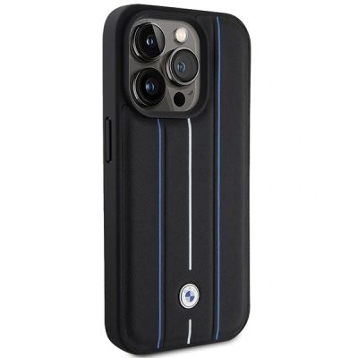 4. BMW Leather Stamp Blue Line Case for iPhone 15 Pro Max - Black