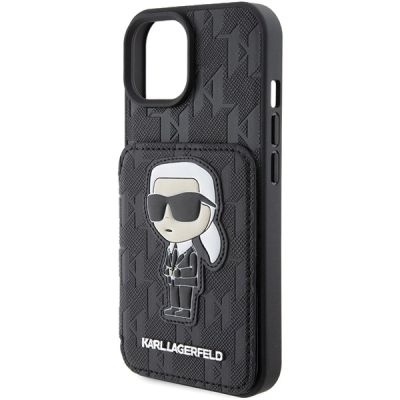 6. Karl Lagerfeld Saffiano Cardslots and Stand Monogram Ikonik Patch case for iPhone 15 - black