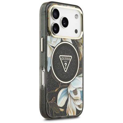 4. Guess IML Glitter Flowers Triangle MagSafe Case for iPhone 18 Pro Max / 17 Pro Max – Black