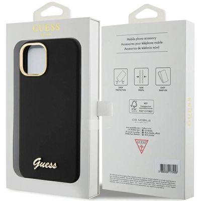 8. Guess Silicone Script Metal Logo & Frame case for iPhone 15 - black