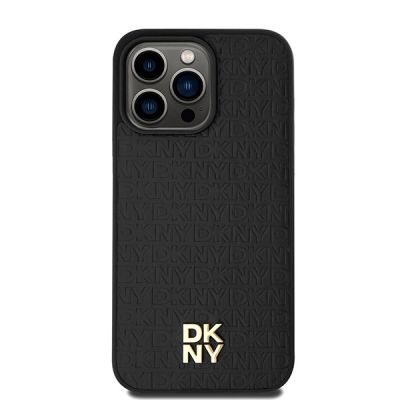3. DKNY Leather Monogram Pattern Metal Logo MagSafe Case for iPhone 15 Pro Max - Black