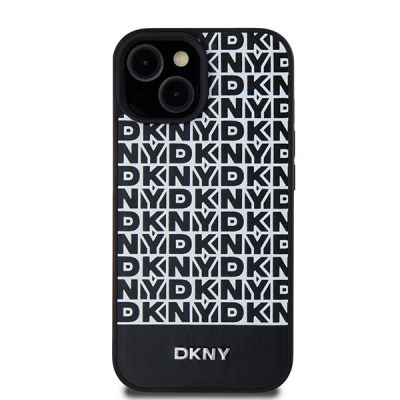 3. DKNY Leather Printed Pattern Metal Logo MagSafe Case for iPhone 15/14/13 - Black