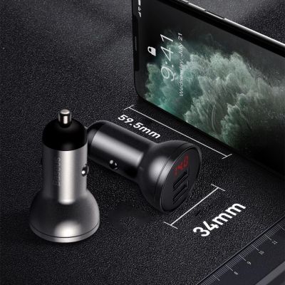 8. Baseus 2x USB 4.8A 24W car charger with LCD + 3in1 cable USB - USB Type C / micro USB / Lightning 1.2m black (TZCCBX-0G)