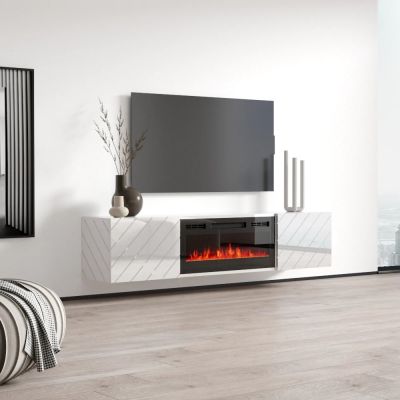 2. TV cabinet LUXE 182.6x34.5x37.5 white/white gloss + black fireplace