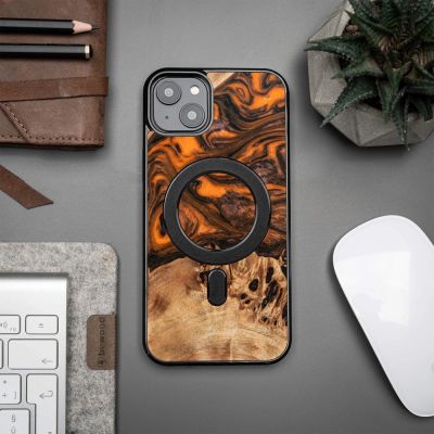 3. Wood and resin case for iPhone 15 Plus MagSafe Bewood Unique Orange - orange and black