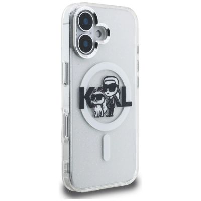 4. Karl Lagerfeld IML Glitter Karl & Choupette Sketch Logo MagSafe Case for iPhone 16 - Transparent