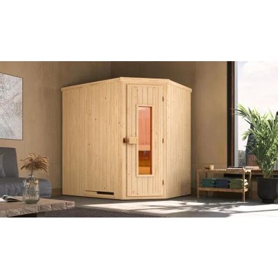 Varberg modular sauna, 192x142, corner entrance, wooden door, raw wood with Ofenset BioAktiv 7.5 kW stove