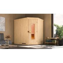 Varberg modular sauna, 192x142, corner entrance, wooden door, raw wood with Ofenset BioAktiv 7.5 kW stove