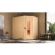Varberg modular sauna, 192x142, corner entrance, wooden door, raw wood with Ofenset BioAktiv 7.5 kW stove