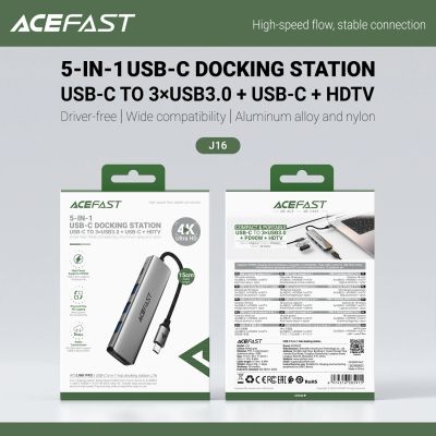 6. Acefast J16 USB Hub USB-C 5-in-1 HDMI 4K 60Hz PD90W Docking Station - Gray