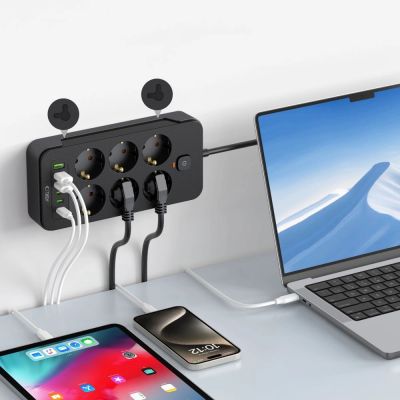 5. Tech-Protect PC6X6 Power Strip 6 Sockets 240V + 3xUSB-A + 3xUSB-C 200cm - Black