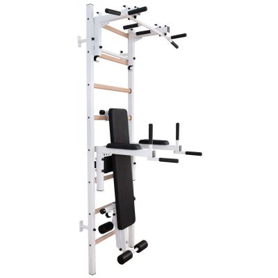28. WOODEN AND METAL GYMNASTIC WALL BAR WITH BAR, BENCH AND ACCESSORIES BENCHK 233W