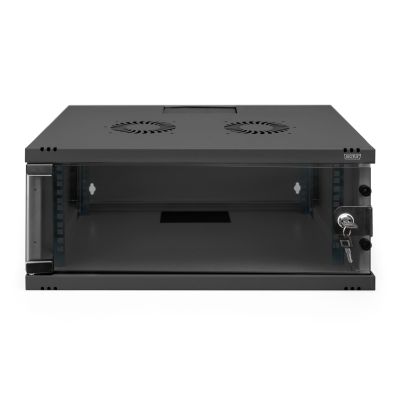30. 19" 4U wall-mounted network cabinet, SOHO 241 x 540 x 400 mm, glass door, black, unassembled, 60 kg