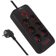 MACLEAN POWER STRIP, EXTENSION CORD 6 OUTLETS + 4XUSB, 110-240V AC 50/60HZ, 2.1A MAX 2500W, 1.5M, BLACK MCE389 B