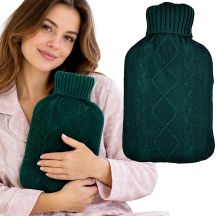 Green Rubber Hot Water Bottle in Knitted Cover, 1.75 l