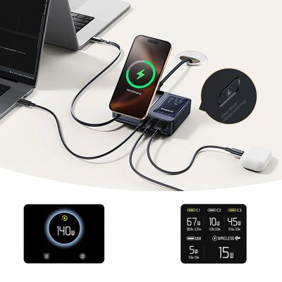 12. Baseus NOMOS 140W Qi2 5-in-1 Wireless Charging Station with Retractable USB-C Cable and Digital Display - Black