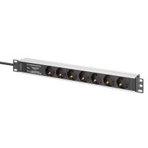 PDU Rack 19" power strip with surge protection + EMI/RFI filter, 7 Schuko CEE 7/3 (45°) sockets, 2m cable, Unischuko CEE 7/7 plug, 16A, aluminum