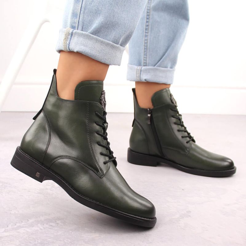 8. Women's lace-up and zippered green ankle boots Potocki SZ12179