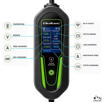 8. Qoltec Charger for electric cars EV and hybrids with 2-in-1 regulation Type2 | 3.5kW | 230V | SCHUKO 16A | Wi-Fi | Tuya | Smart life | LCD | 5m
