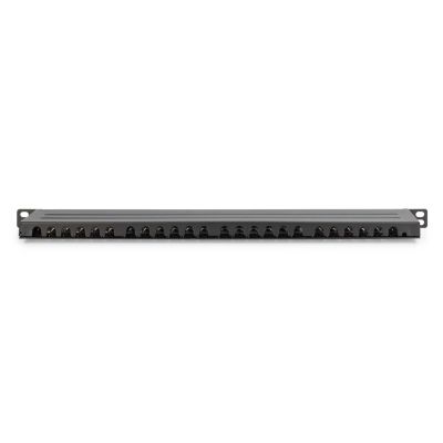 17. High density patch panel 19'' 24x RJ45, LSA level, cat.6, shielded, 0.5U, black, cable guide