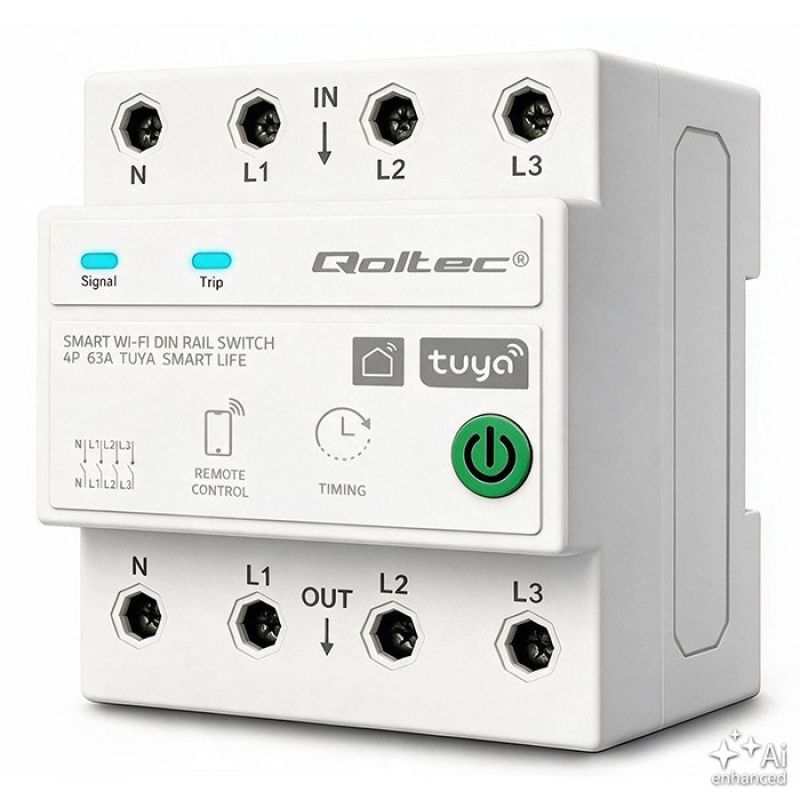 10. Qoltec Three-phase relay 63A for DIN rail | 3P+N | Timer | Wi-Fi | Tuya | Smart Life | Amazon Alexa | 4P