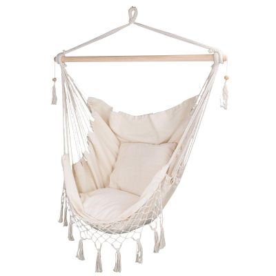 BRAZILIAN HAMMOCK CHAIR MIAMI WITH FRINGE 130X100CM + 2 PILLOWS 40X40CM BEIGE