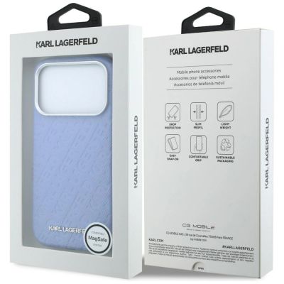 8. Karl Lagerfeld Grained Allover Logo Metal Elongated MagSafe Case for iPhone 17 Pro Max / 18 Pro Max - Blue