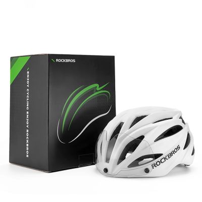 5. Rockbros Bike Helmet with Visor, Detachable UV Goggles, Unisex, Glossy - White