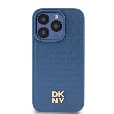 3. DKNY Leather Monogram Pattern Metal Logo MagSafe Case for iPhone 15 Pro - Blue