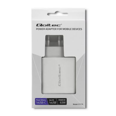 5. QOLTEC WALL CHARGER 63W | 5-20V | 1.5-3A | USB TYPE C PD | USB QC 3.0 | WHITE
